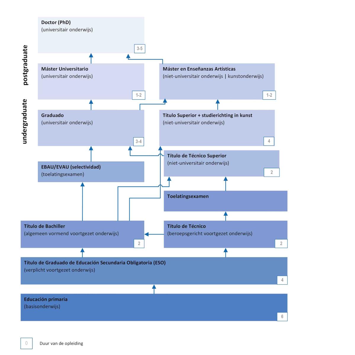 Dit schema laat zien hoe het Spaanse onderwijssysteem is ingedeeld.